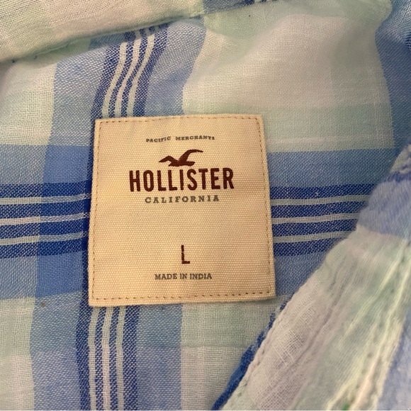 Women's Juniors Blue Plaid Beach Boho Hollister Sheer Roll Sleeve Shirt Sz Lg - Picture 5 of 7